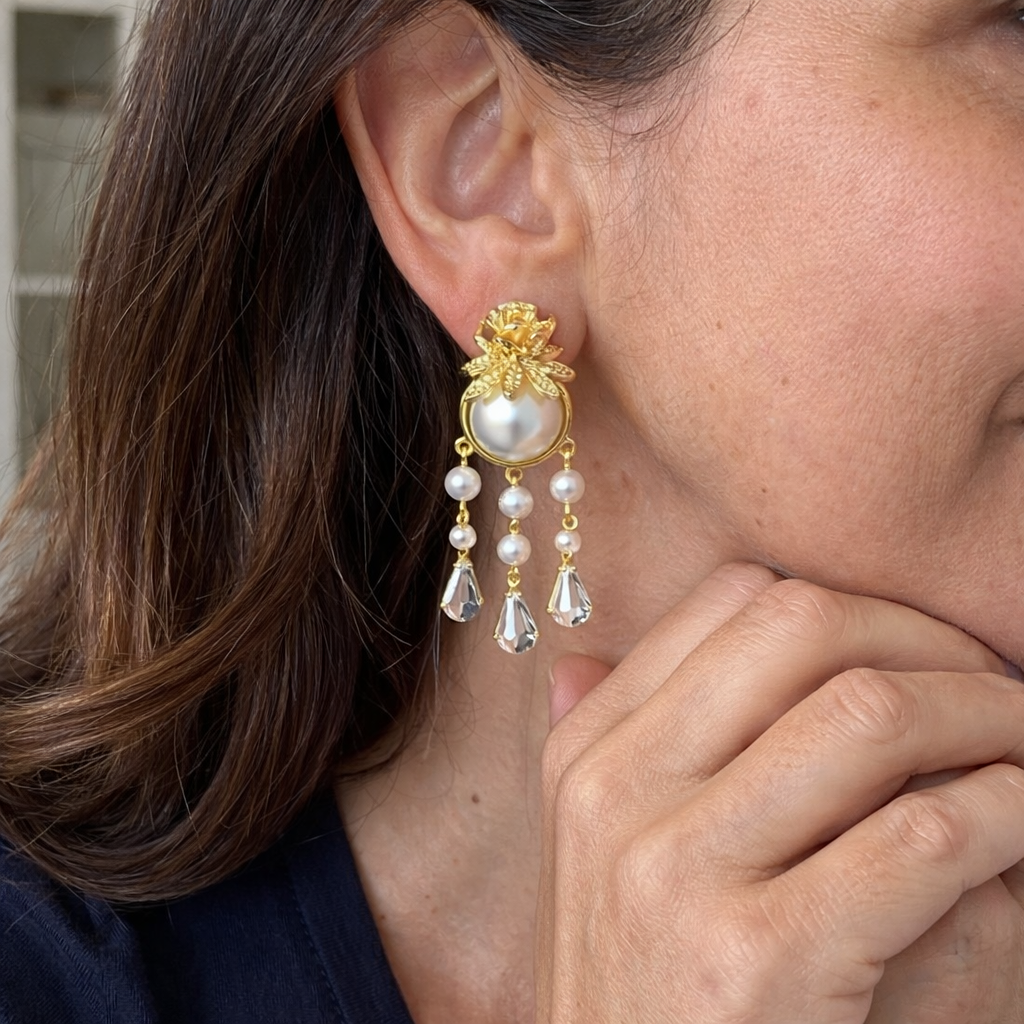 Ivoria Pearl Dewdrop Yellow Gold Earrings