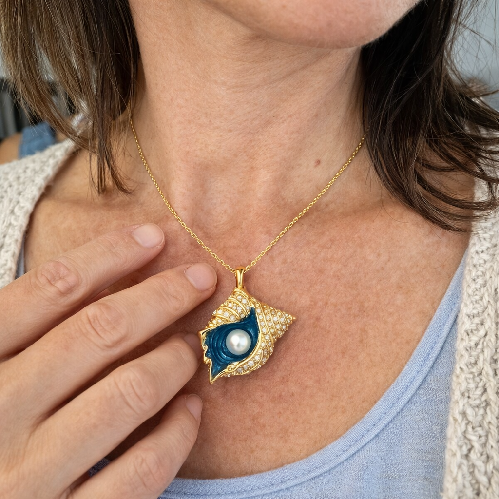 Radiant Pearl and Shell Yellow Gold Necklace