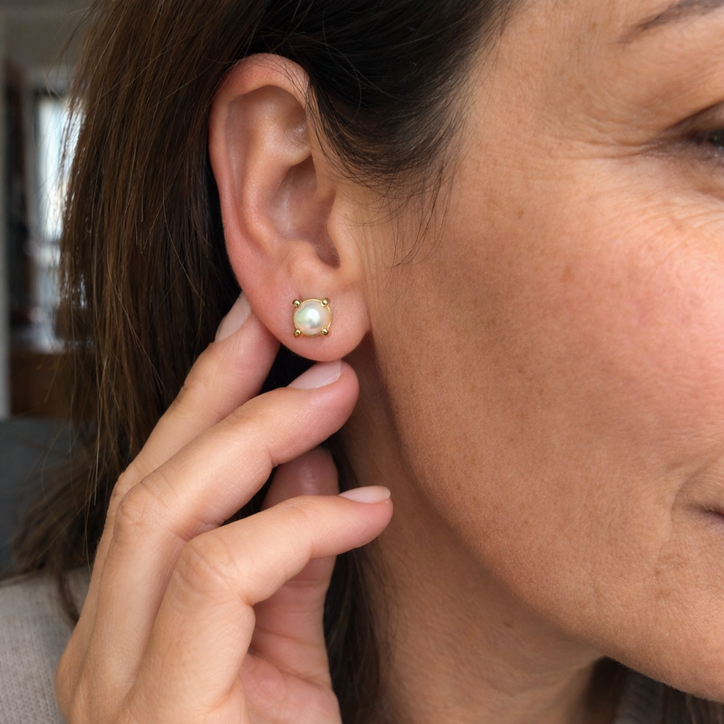 Delicate Pearl Stud Yellow Gold Earrings
