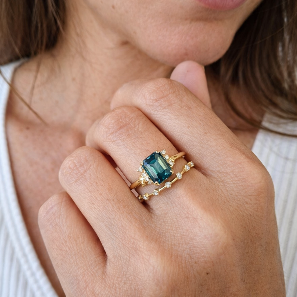 Blue Crystal Sparkle Yellow Gold Ring Set