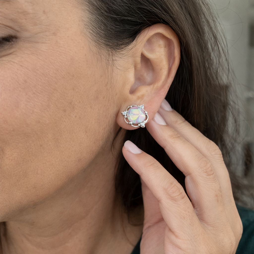 Opal Trio Stud White Gold Earrings