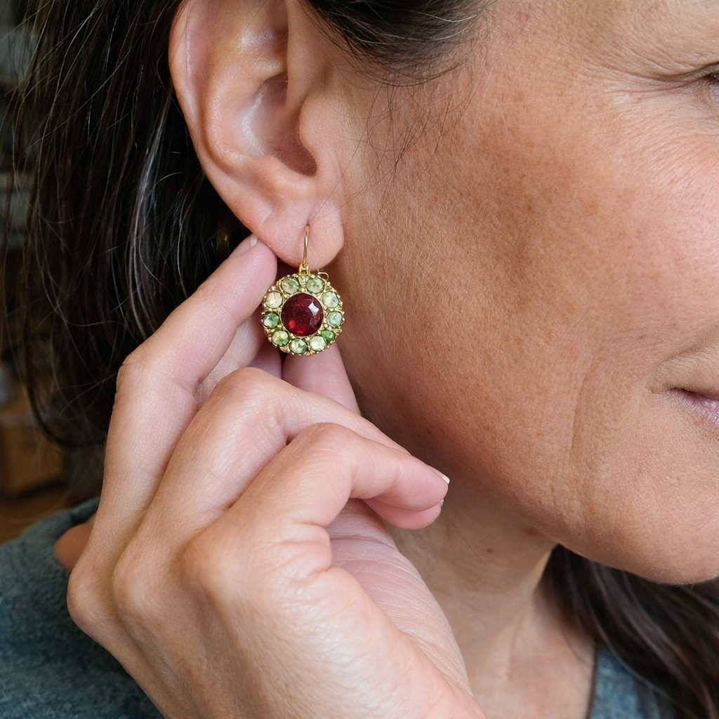 Vintage Style Round Green and Red Crystal Yellow Gold Earrings