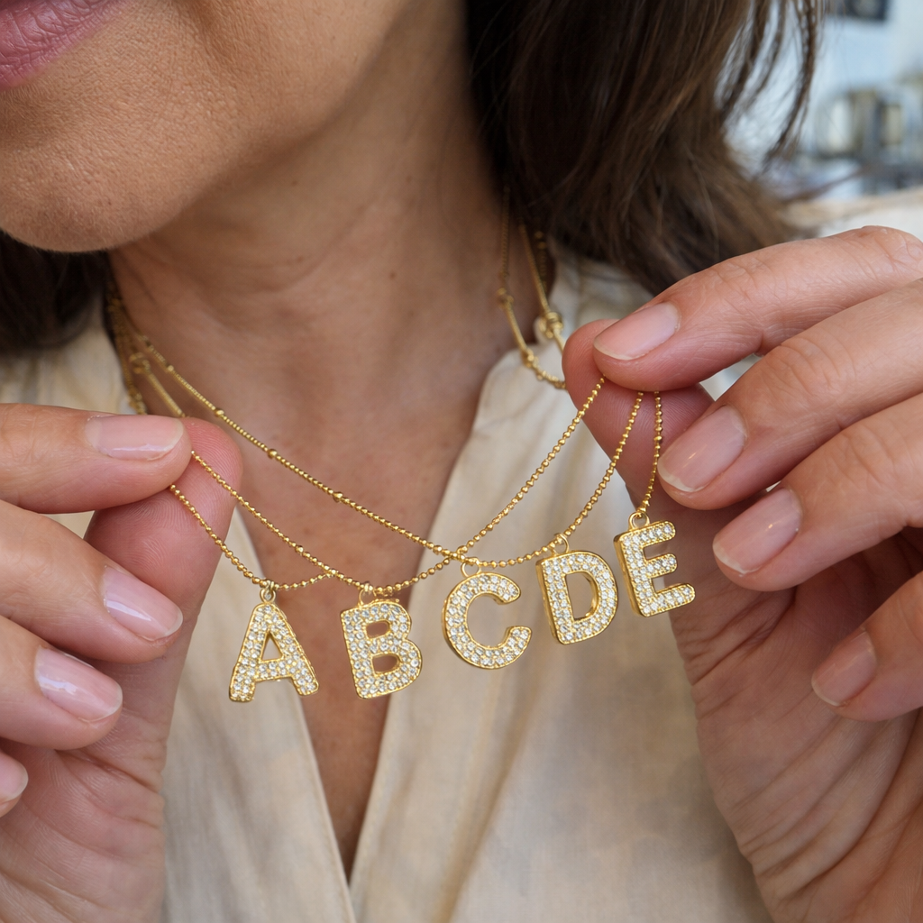 Bubble Initial Yellow Gold Necklace Set