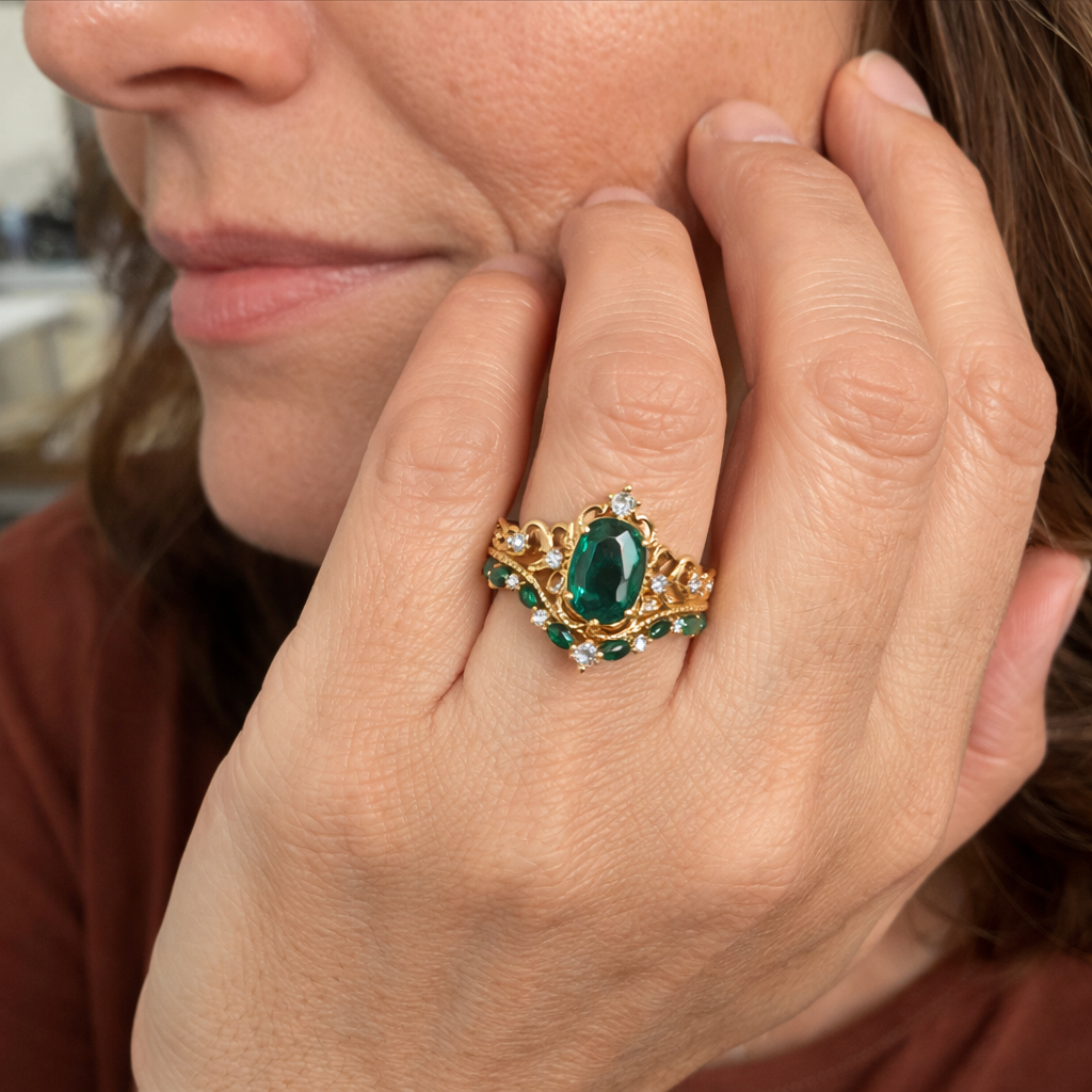 Aurelle Emerald Crown Rose Gold Ring Set