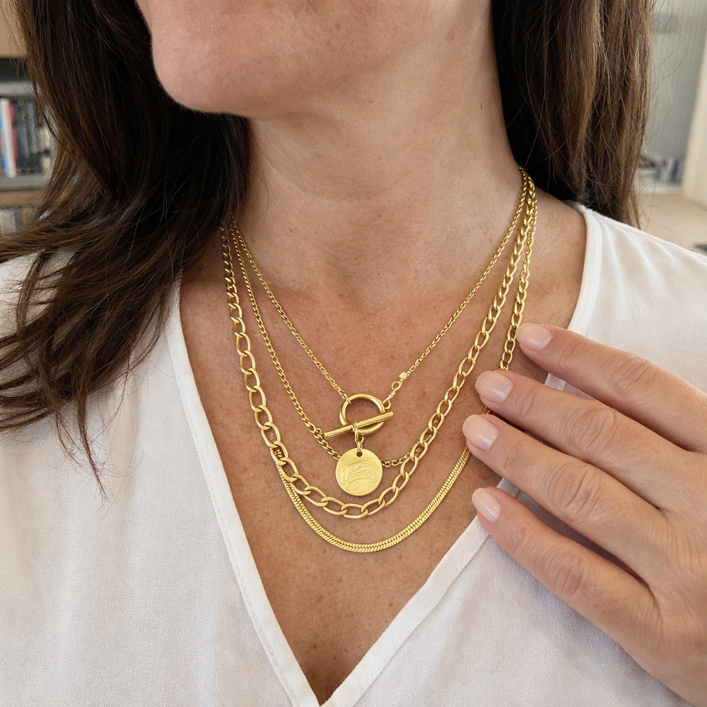 Savira Textured Coin Layered Yellow Gold Necklace