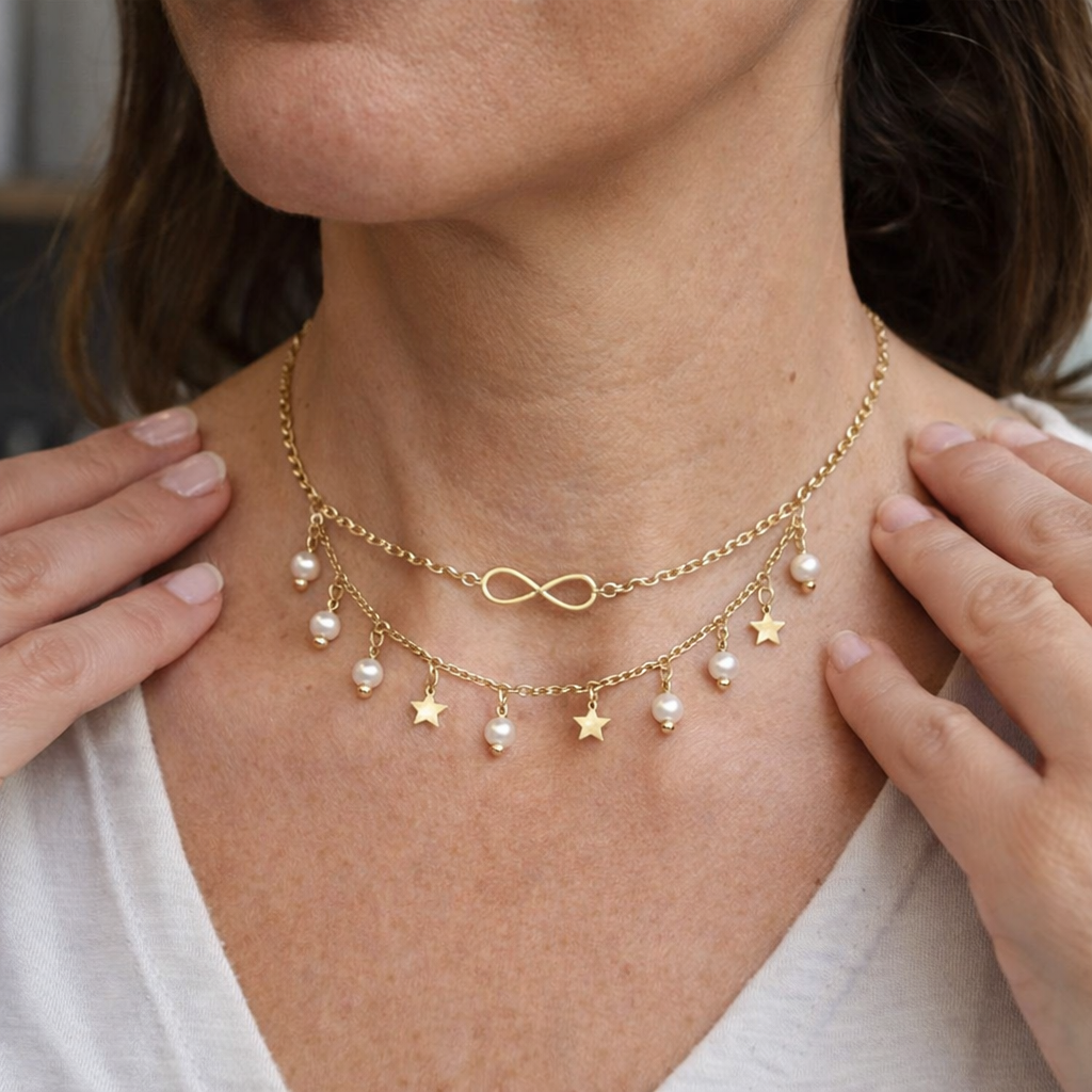 Infinity Yellow Gold Anklet with Pearls and Stars