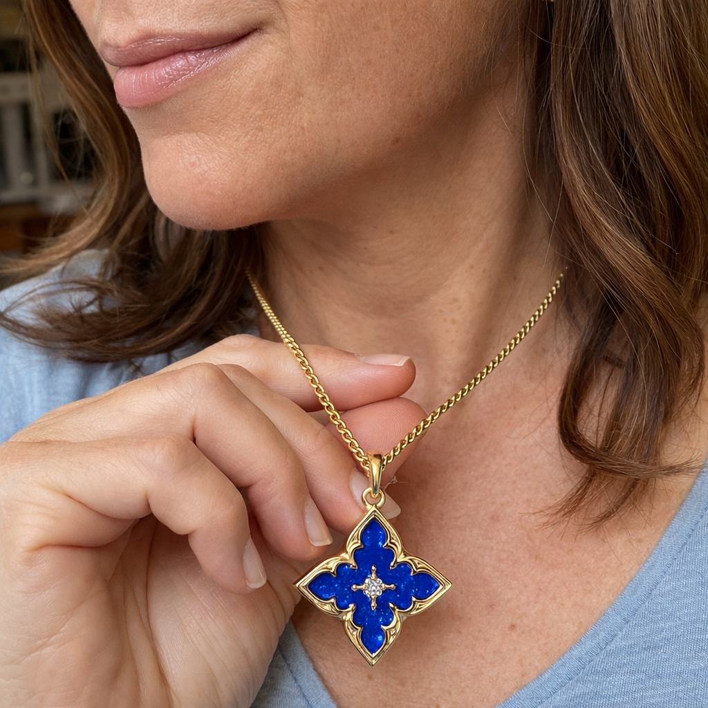 Blue Four Leaf Clover Pendant Yellow Gold Necklace
