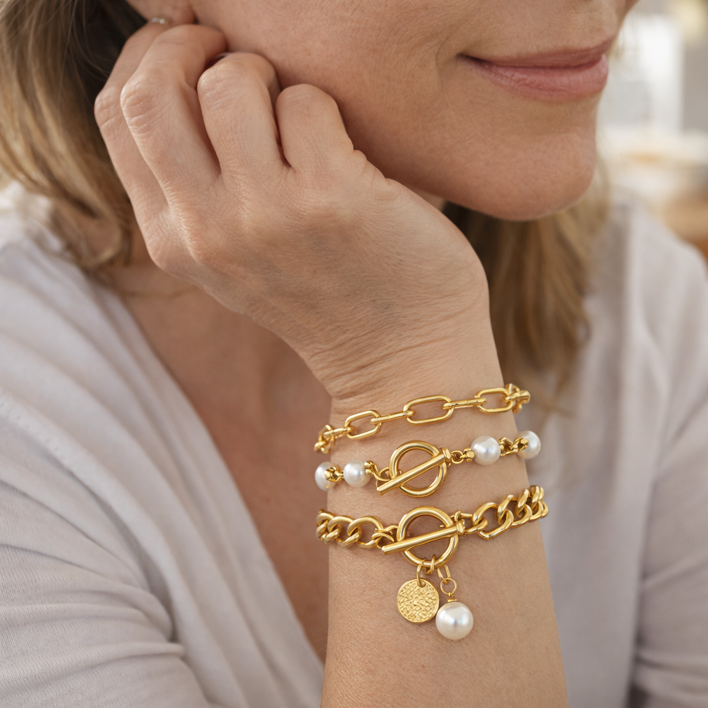 Chic 4 Piece Snake Pearl and Link Yellow Gold Bracelet Set