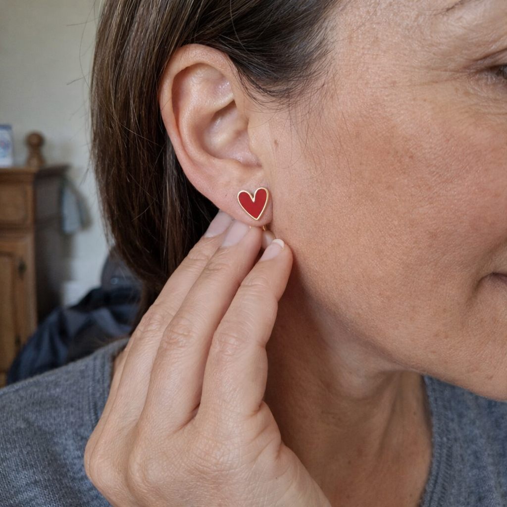Antique Red Heart Gilded Yellow Gold Earrings