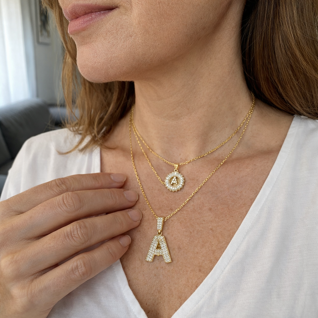 Pave Initial Yellow Gold Necklace Set