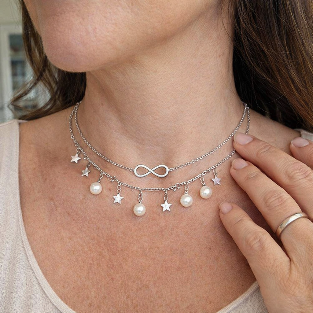Infinity White Gold Anklet with Pearls and Stars