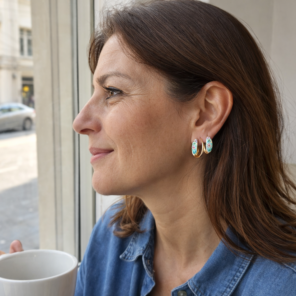 Colourful Floral Hoop Yellow Gold Earrings