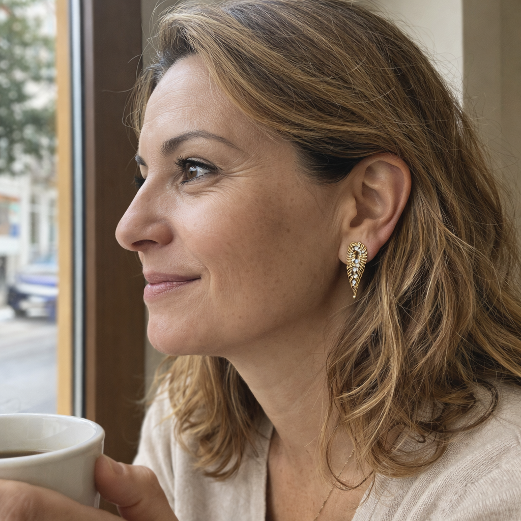 Modern Pave Leaf Yellow Gold Earrings