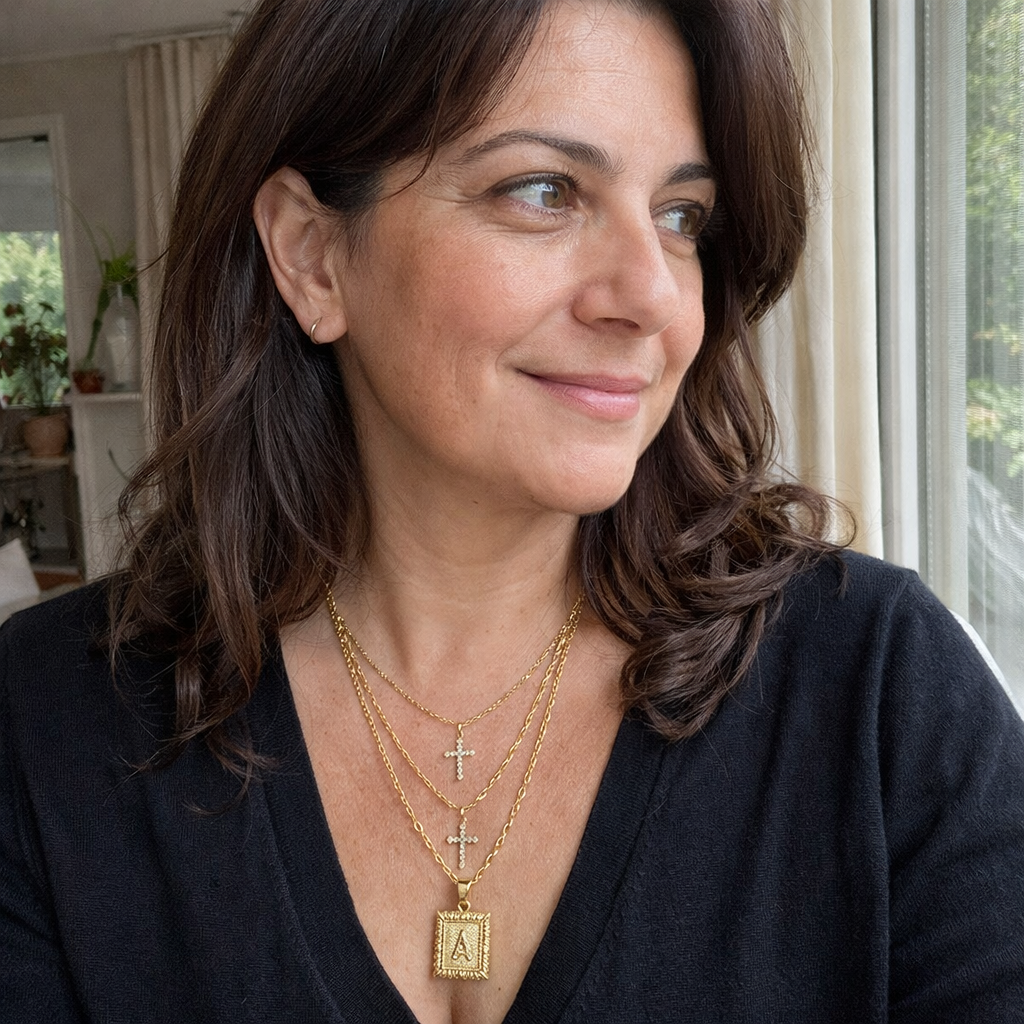Initial and Cross Yellow Gold Necklace Set