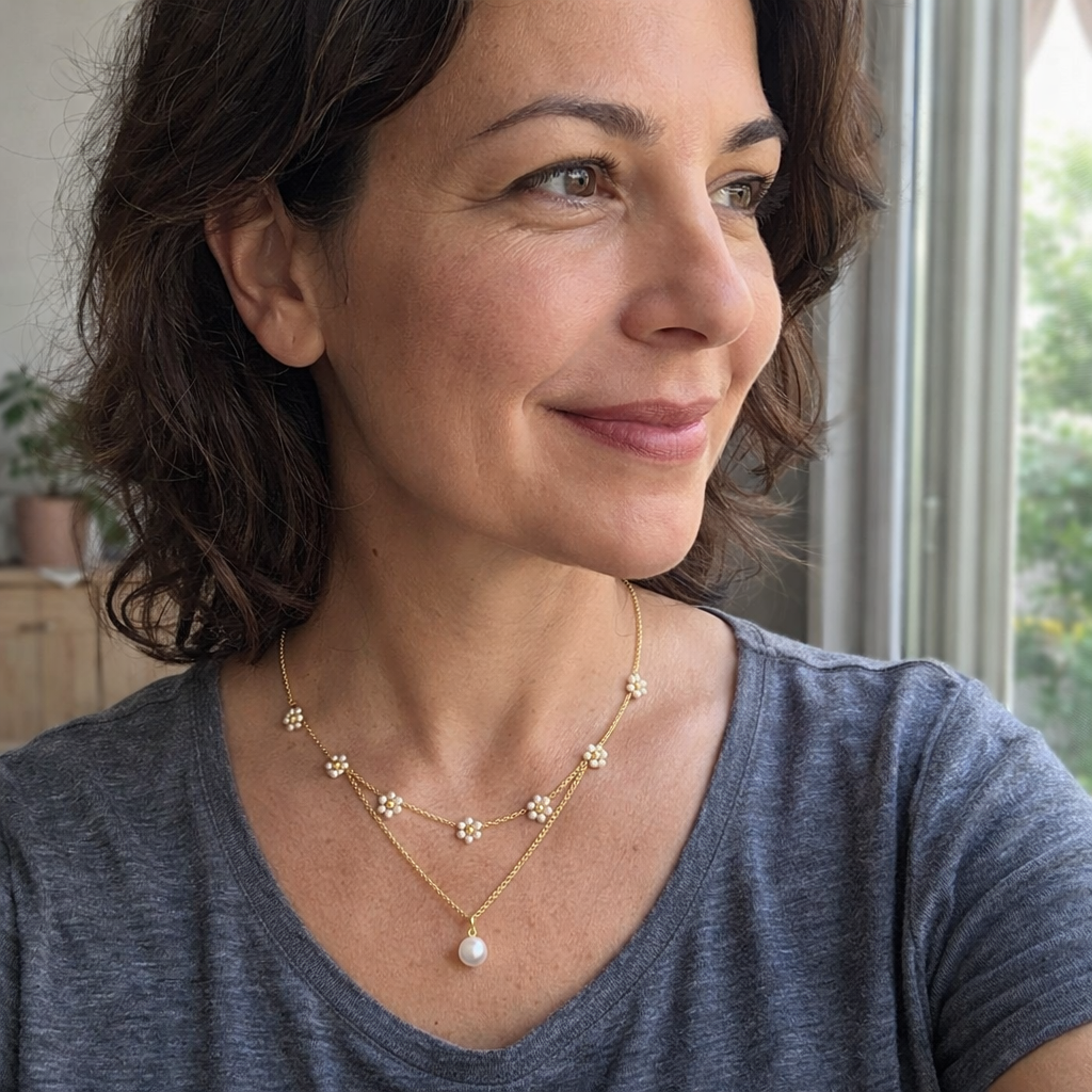 Floral Pearl Layered Yellow Gold Necklace