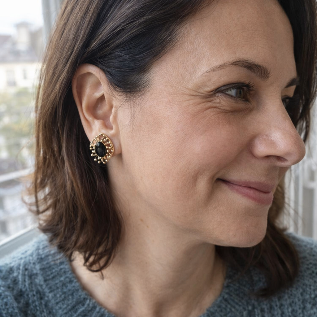 Black Zircon Gilded Yellow Gold Earrings