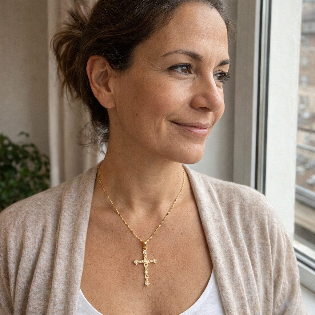 Twisted Crystal Cross Yellow Gold Necklace