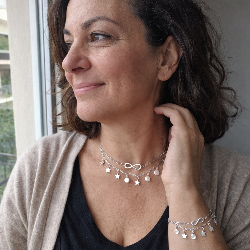 Infinity White Gold Anklet with Pearls and Stars