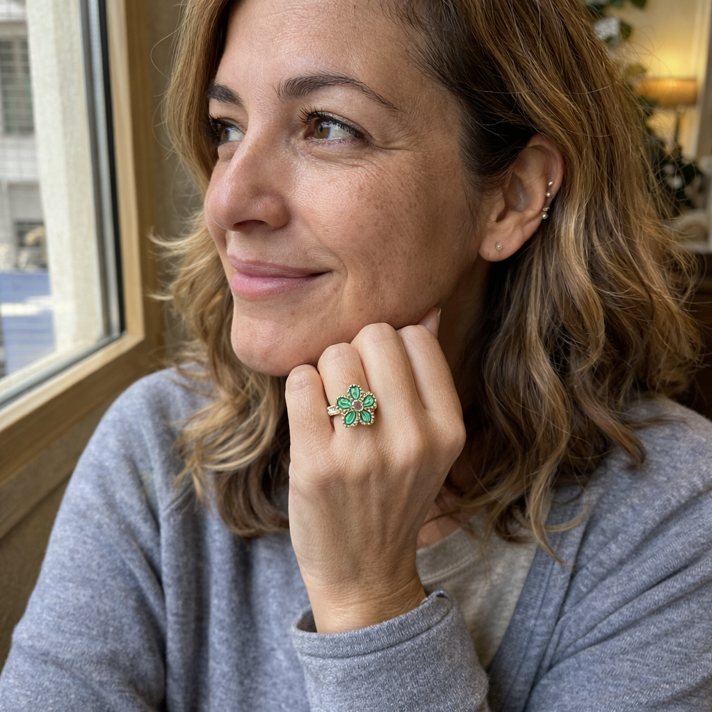 Emerald Four Leaf Clover Spinner Yellow Gold Ring