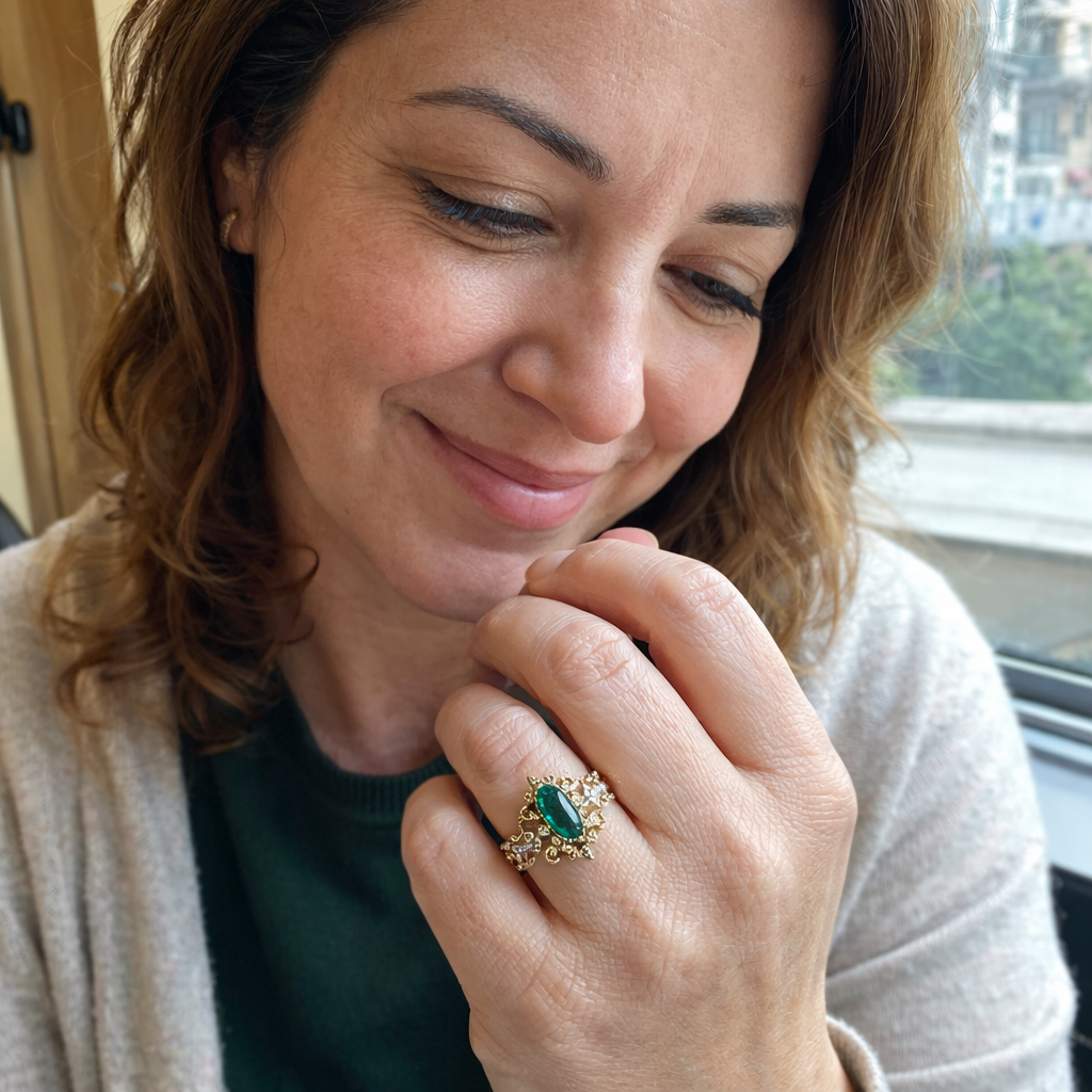 Aurelle Emerald Crown Rose Gold Ring Set