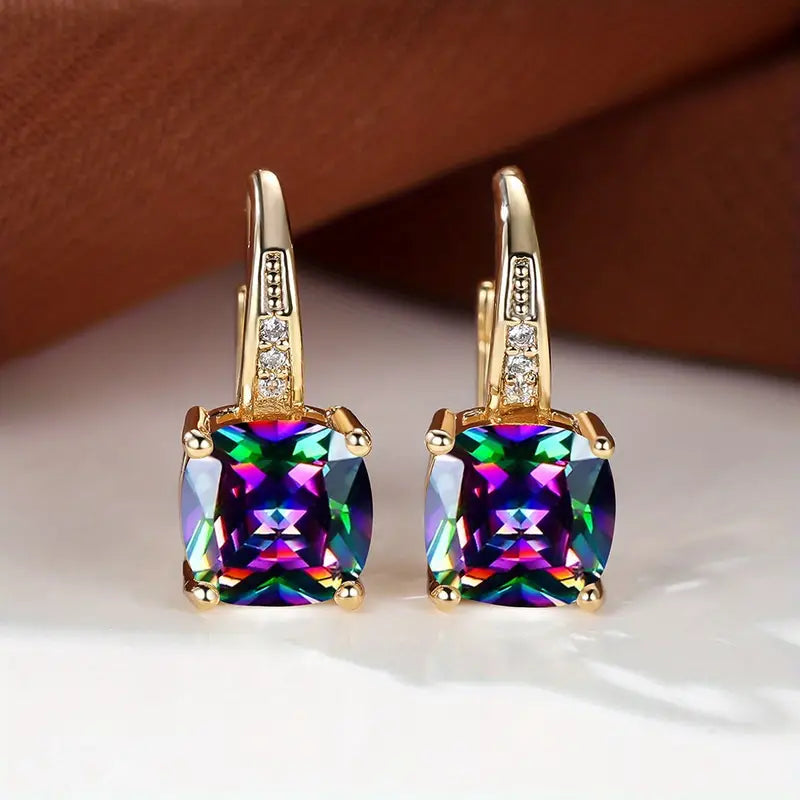 Mystic Stone Hoop Yellow Gold Earrings