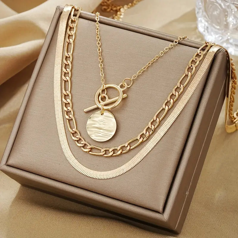 Savira Textured Coin Layered Yellow Gold Necklace
