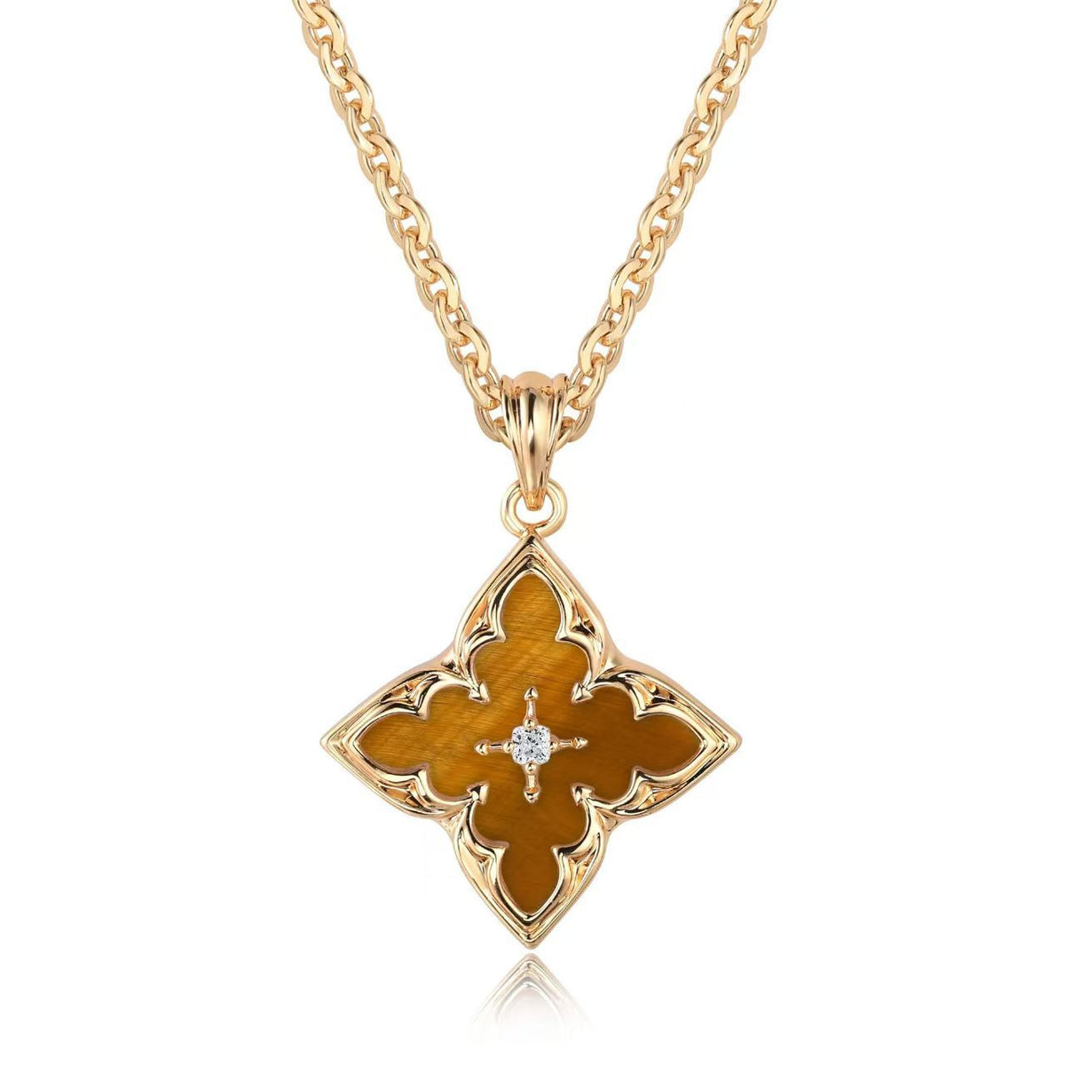 Blue Four Leaf Clover Pendant Yellow Gold Necklace