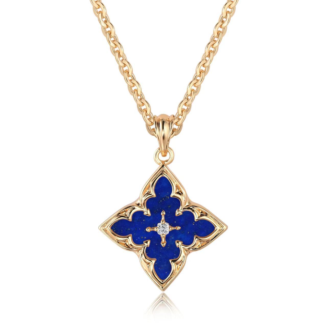 Blue Four Leaf Clover Pendant Yellow Gold Necklace