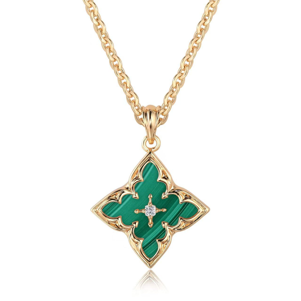 Blue Four Leaf Clover Pendant Yellow Gold Necklace