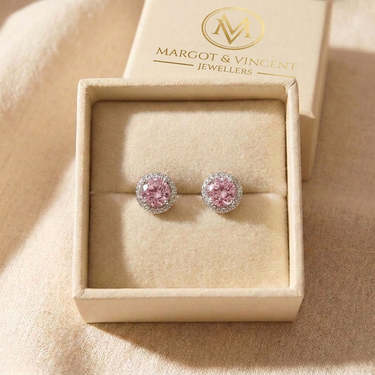 Round Pink Pave Stud Earrings in the Margot & Vincent gift box