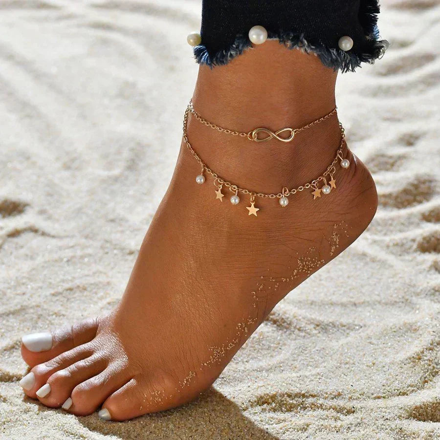 Infinity White Gold Anklet with Pearls and Stars